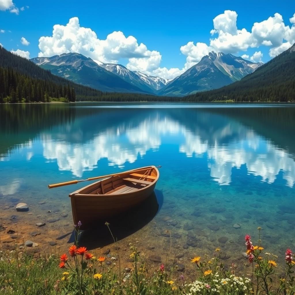 A serene landscape featuring a crystal-clear lake surrounded by lush green forests and majestic mountains in the background