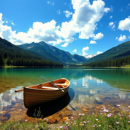 A serene landscape featuring a crystal-clear lake surrounded by lush green forests and majestic mountains in the background