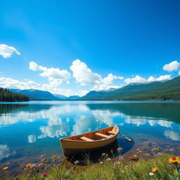 A serene landscape featuring a crystal-clear lake surrounded by lush green forests and majestic mountains in the background