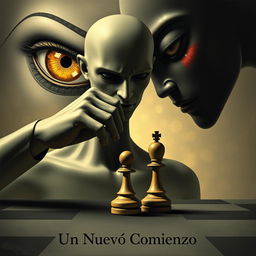 A full human figure holding a chess pawn in their hand, symbolizing control, while a larger humanoid figure gazes at the smaller human as if observing their pawn