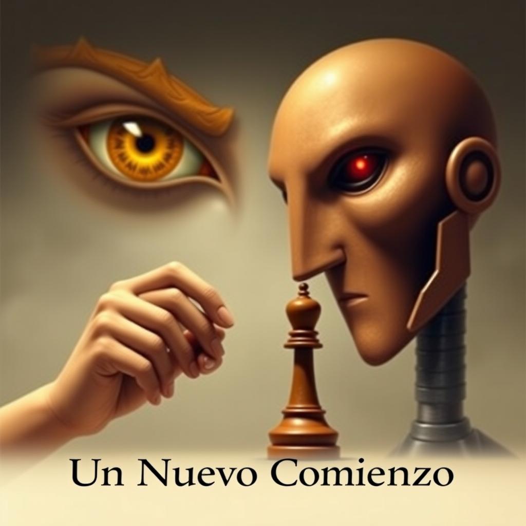 A full human figure holding a chess pawn in their hand, symbolizing control, while a larger humanoid figure gazes at the smaller human as if observing their pawn