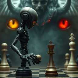 A full-body humanoid holding a chess pawn in their hand, while a larger being looks at them as its pawn