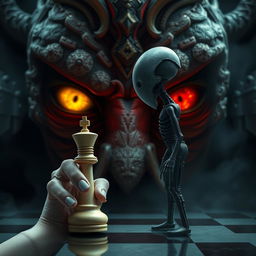 A full-body humanoid holding a chess pawn in their hand, while a larger being looks at them as its pawn