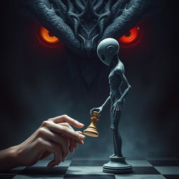 A full-body humanoid holding a chess pawn in their hand, while a larger being looks at them as its pawn