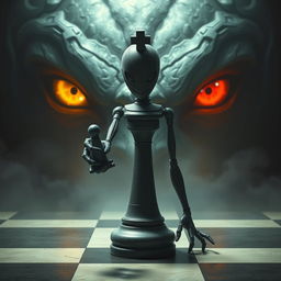 A full-body humanoid holding a chess pawn in their hand, while a larger being looks at them as its pawn