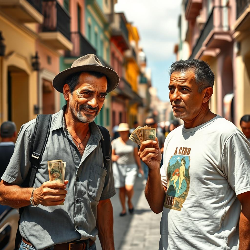 A street scene depicting a Cuban man tricking another Cuban man