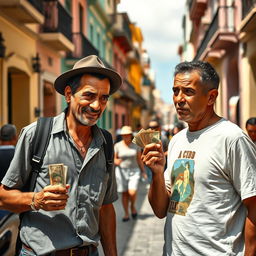 A street scene depicting a Cuban man tricking another Cuban man