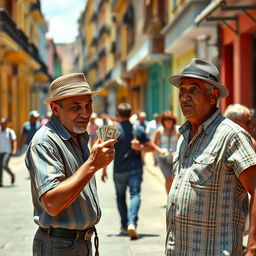 A street scene depicting a Cuban man tricking another Cuban man