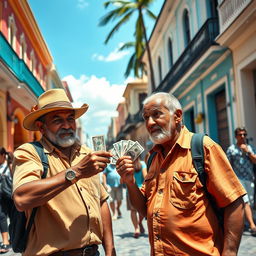 A street scene depicting a Cuban man tricking another Cuban man