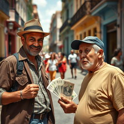 A street scene depicting a Cuban man tricking another Cuban man