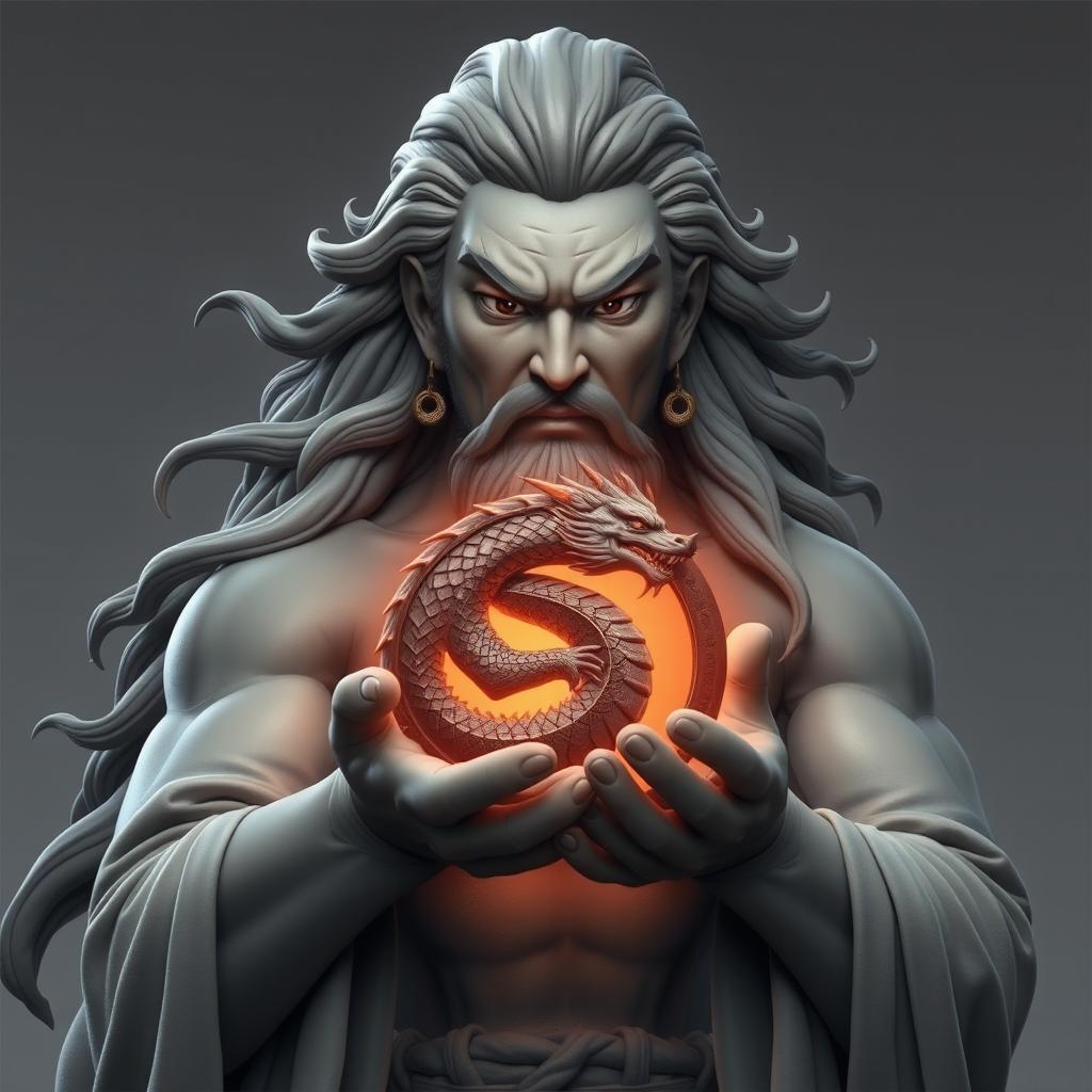 Fujin, the god of wind, stands with an imposing and serene expression