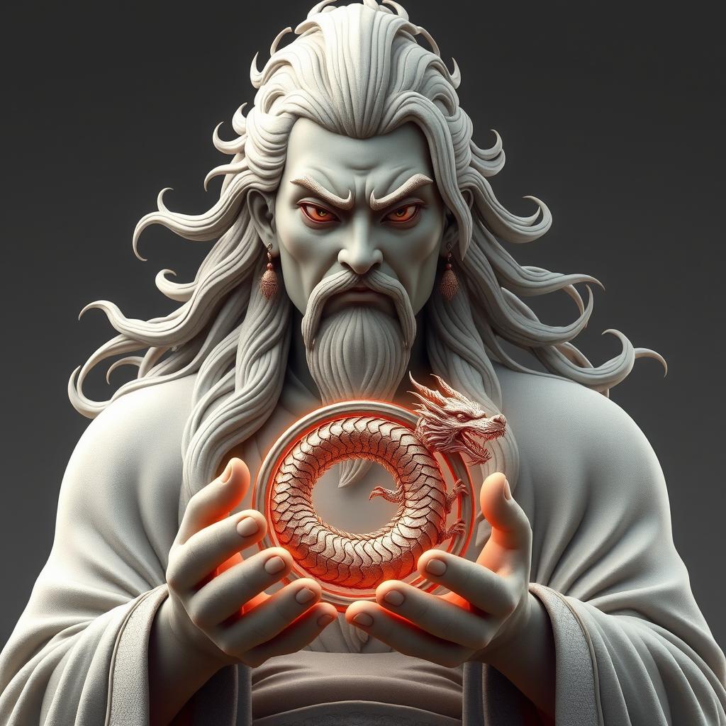 Fujin, the god of wind, stands with an imposing and serene expression