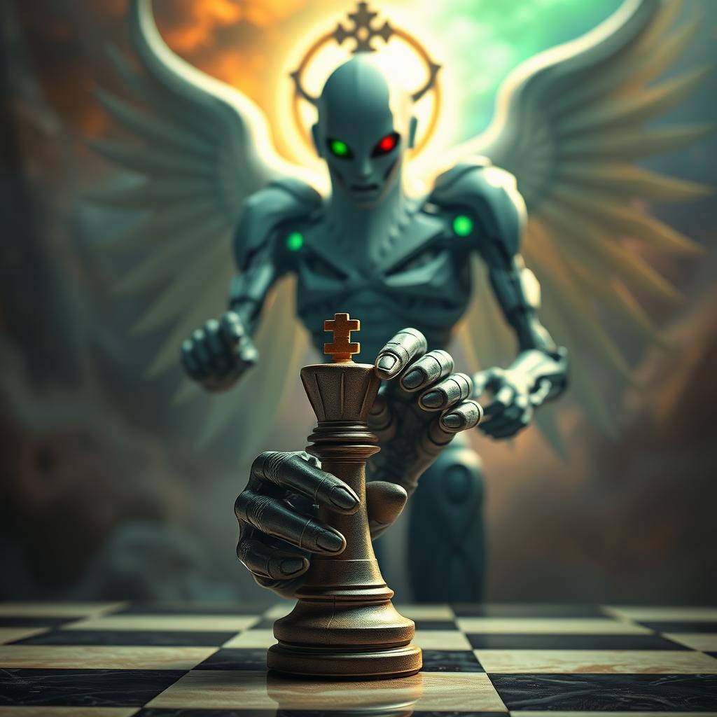 A full-body humanoid holding a chess pawn