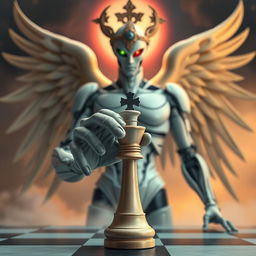 A full-body humanoid holding a chess pawn