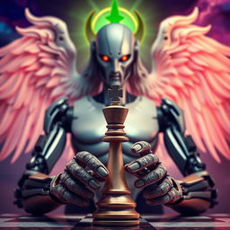 A full-body humanoid holding a chess pawn