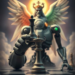 A full-body humanoid holding a chess pawn