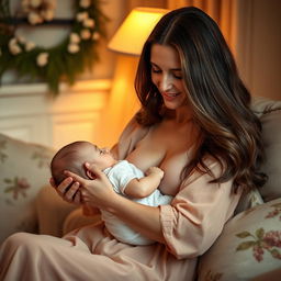 A sensual scene featuring a beautiful and mature stepmom with long, flowing brunette hair, sitting in a serene, softly lit room