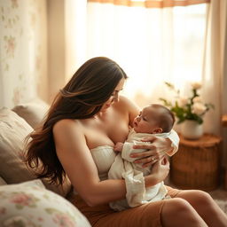 A sensual scene featuring a beautiful and mature stepmom with long, flowing brunette hair, sitting in a serene, softly lit room