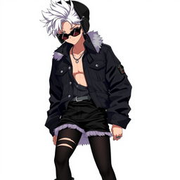 An anime character featuring a man with striking white hair, wearing a stylish hat with earflaps