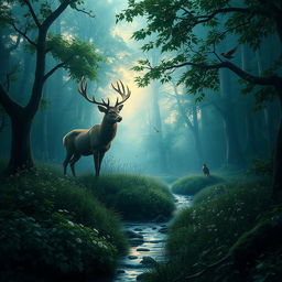 A mystical forest scene at twilight, where the soft light filters through the dense, leafy canopy, creating a serene and magical atmosphere