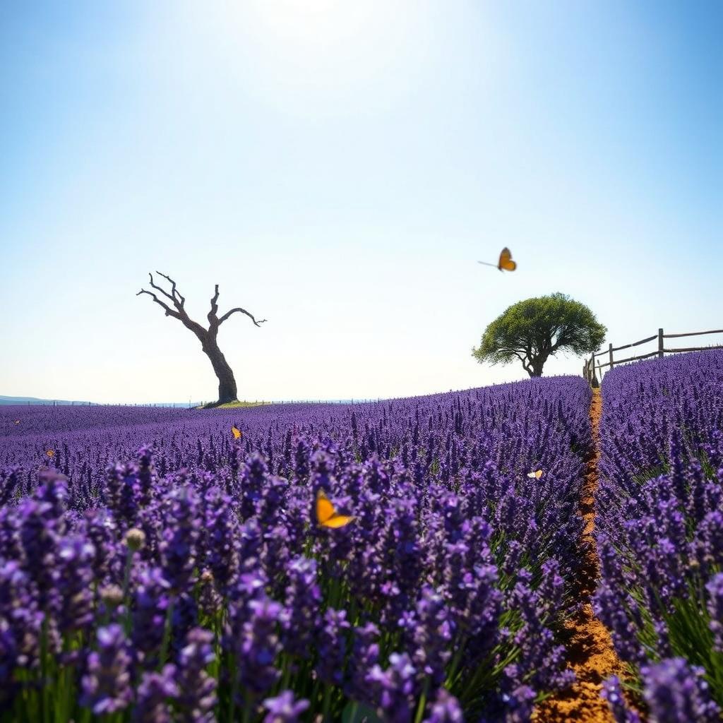 A serene landscape depicting a field of lavender under a clear blue sky