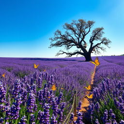 A serene landscape depicting a field of lavender under a clear blue sky