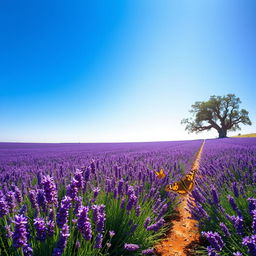 A serene landscape depicting a field of lavender under a clear blue sky