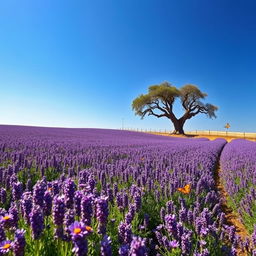 A serene landscape depicting a field of lavender under a clear blue sky