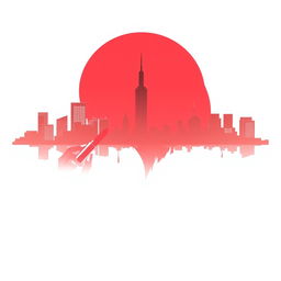 A minimalist city skyline silhouette in the background with the shape of a girl applying lipstick