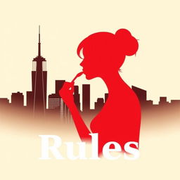 A minimalist city skyline silhouette in the background with the shape of a girl applying lipstick