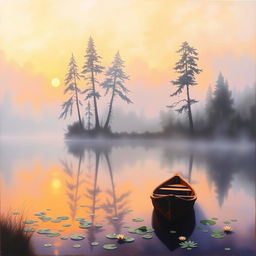 an expressive painting of a serene lakeside scene at dawn, with mist gradually rising from the water, casting a subtle haze