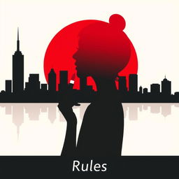 A minimalist city skyline silhouette in the background with the shape of a girl applying lipstick