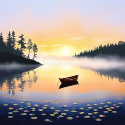 an expressive painting of a serene lakeside scene at dawn, with mist gradually rising from the water, casting a subtle haze