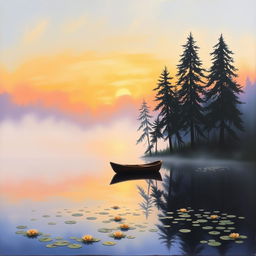 an expressive painting of a serene lakeside scene at dawn, with mist gradually rising from the water, casting a subtle haze