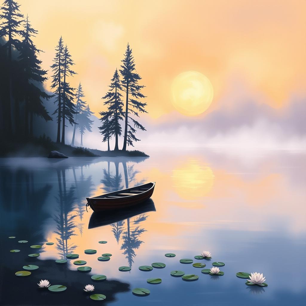 an expressive painting of a serene lakeside scene at dawn, with mist gradually rising from the water, casting a subtle haze