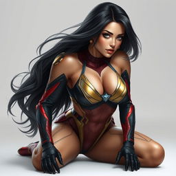 A realistic depiction of a beautiful woman with a super detailed face, embodying a mix of Iron Man suit and Spider Woman suit designed in a bikini shape