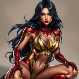 A realistic depiction of a beautiful woman with a super detailed face, embodying a mix of Iron Man suit and Spider Woman suit designed in a bikini shape