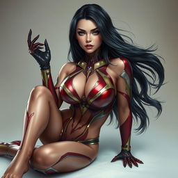 A realistic depiction of a beautiful woman with a super detailed face, embodying a mix of Iron Man suit and Spider Woman suit designed in a bikini shape