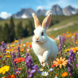 Playful rabbit hopping through a vibrant meadow full of wildflowers, with mountains in the background, and a bright blue sky