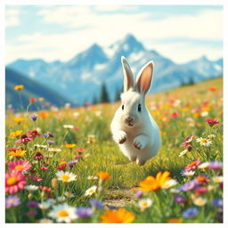 Playful rabbit hopping through a vibrant meadow full of wildflowers, with mountains in the background, and a bright blue sky