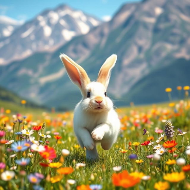 Playful rabbit hopping through a vibrant meadow full of wildflowers, with mountains in the background, and a bright blue sky