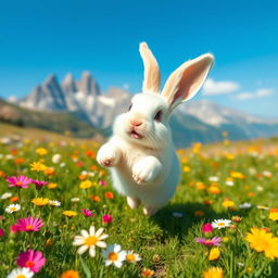 Playful rabbit hopping through a vibrant meadow full of wildflowers, with mountains in the background, and a bright blue sky