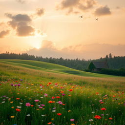 A serene, rolling landscape filled with vibrant wildflowers in bloom