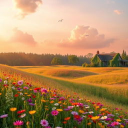 A serene, rolling landscape filled with vibrant wildflowers in bloom