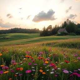 A serene, rolling landscape filled with vibrant wildflowers in bloom