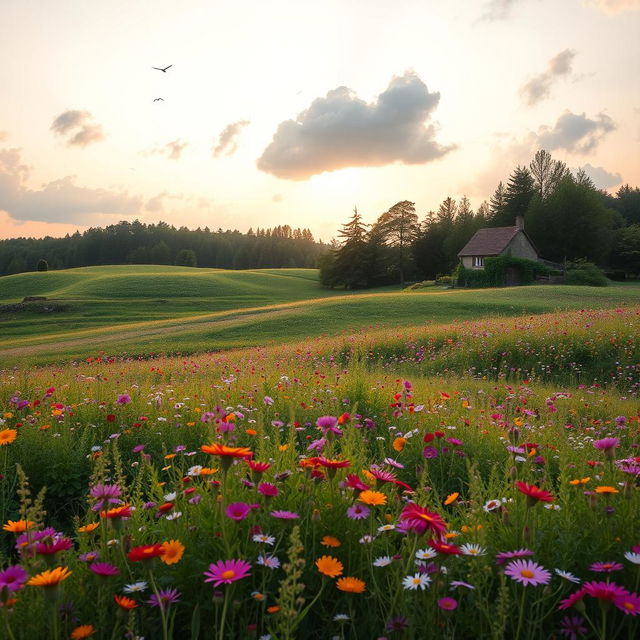 A serene, rolling landscape filled with vibrant wildflowers in bloom