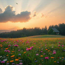 A serene, rolling landscape filled with vibrant wildflowers in bloom