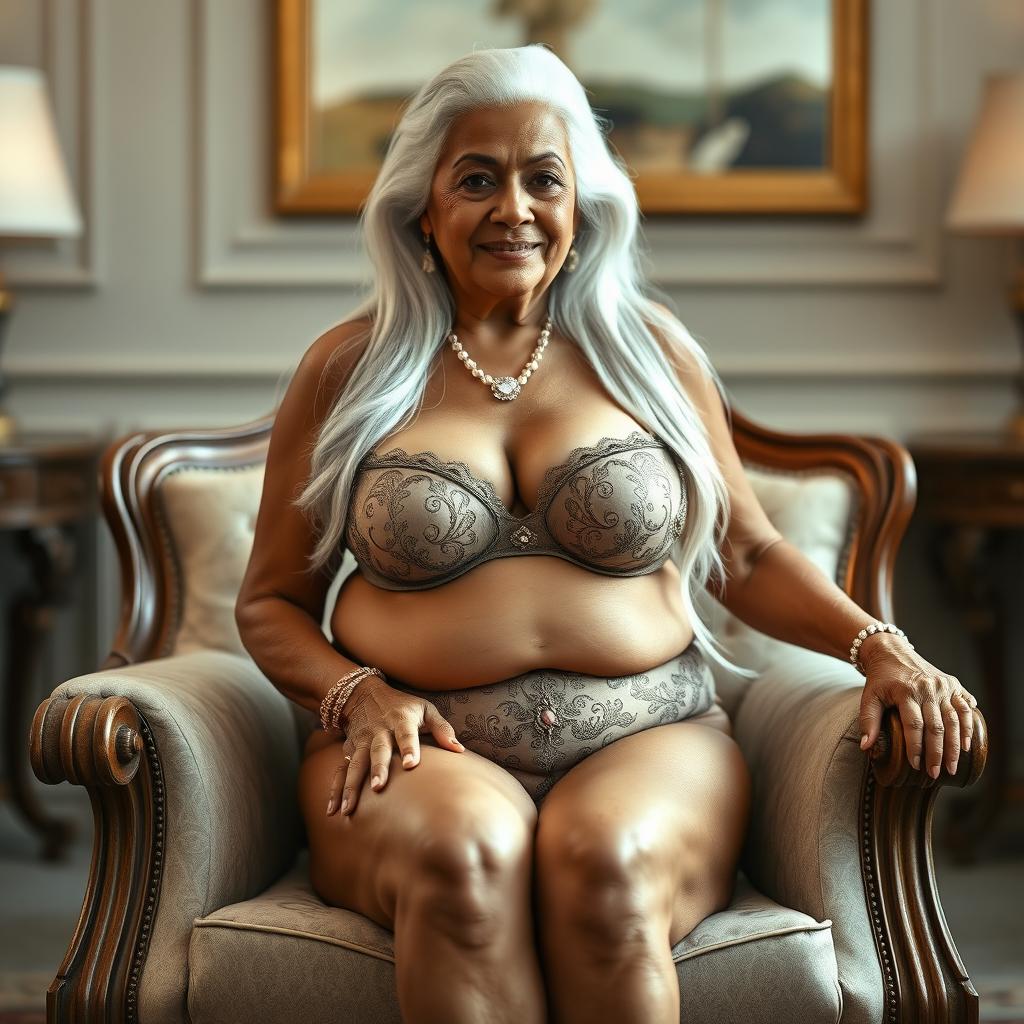 A confident and alluring 80-year-old Indian grandmother with a voluptuous figure, sitting gracefully on an ornate chair