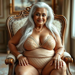 A confident and alluring 80-year-old Indian grandmother with a voluptuous figure, sitting gracefully on an ornate chair