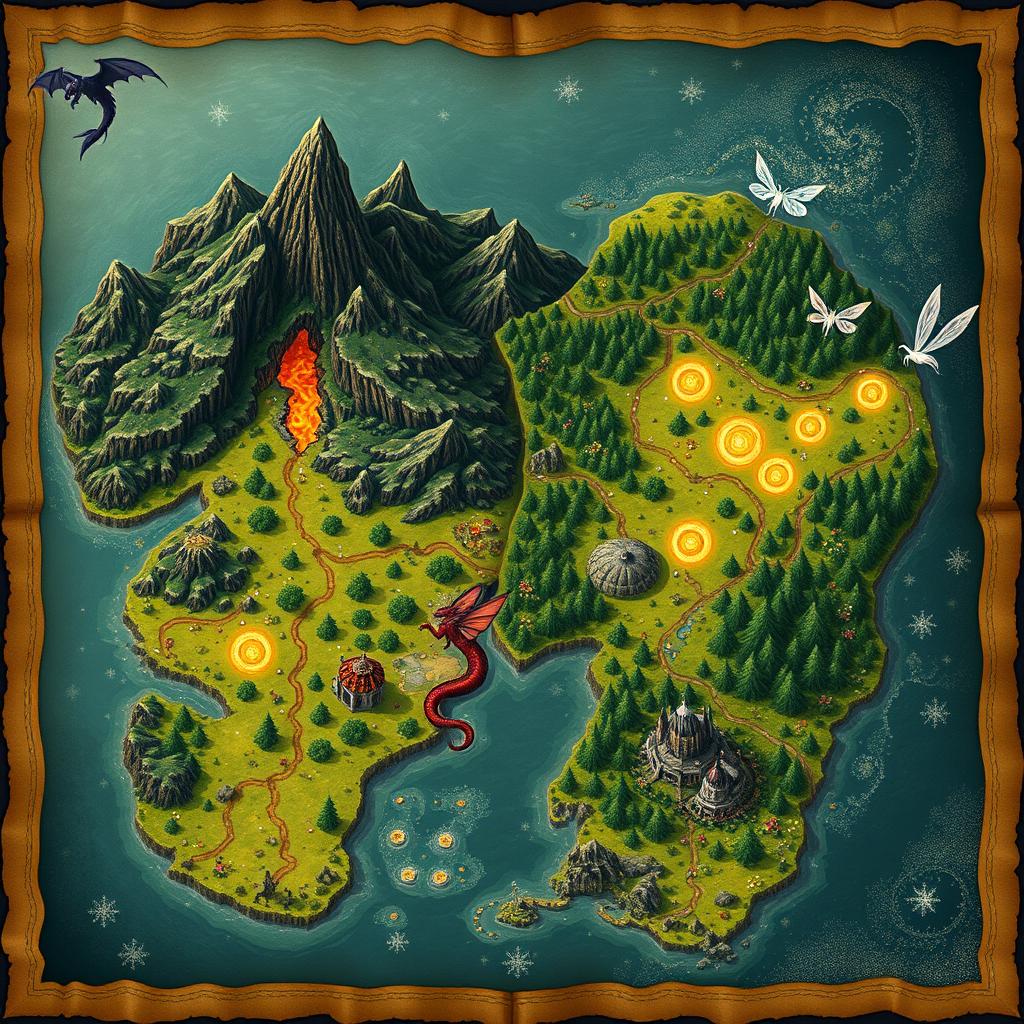 A fantasy map depicting two distinct kingdoms: one of dragons and the other of fairies